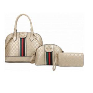 Gold 3 In 1 Embossed Bear Fashion Handbag Set
